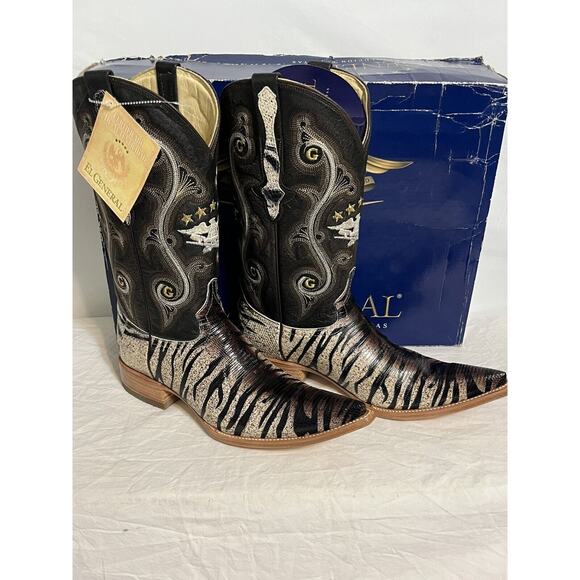 El General Cowboy Boots Mens Sz 8 Tiger Stripe Lizard Skin Exotic Leather Brown - Picture 1 of 16